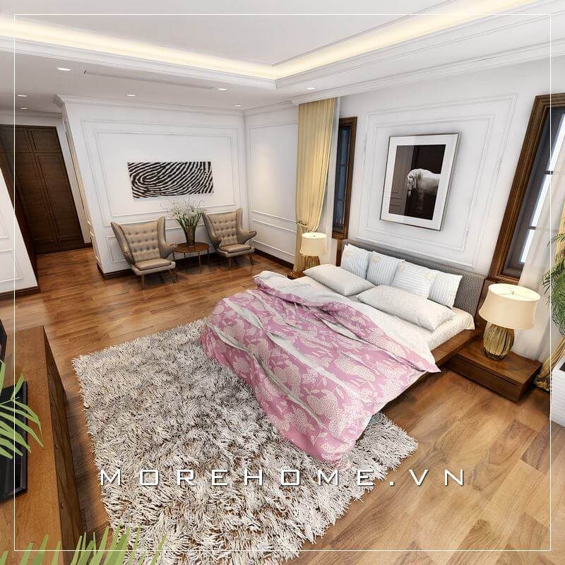 Mẫu giường ngủ biệt thự hiện đại, phần đầu giường bọc da tạo điểm nhấn tinh tế hơn cho không gian phòng ngủ